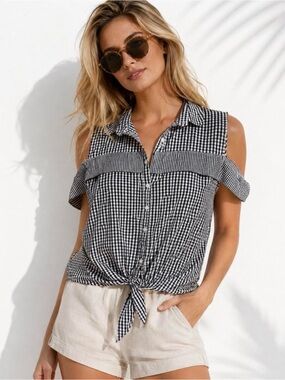 Mango Black & White Gingham Cold-Shoulder Button-Front Tie Top